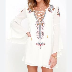 White Embroidered Lace-Up V-Neck Mini Dress